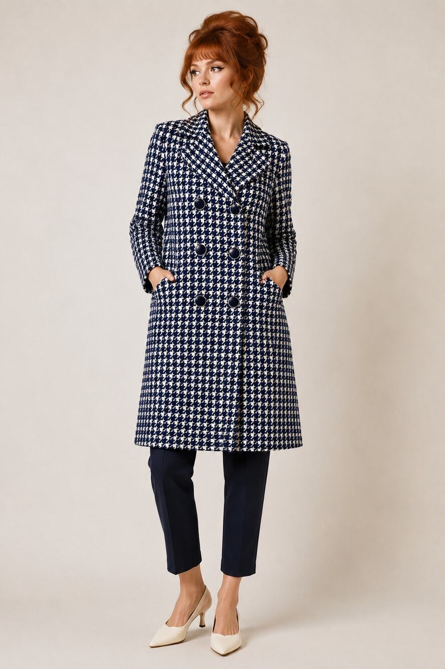 Vtg 60s Wool Houndstooth Double Breasted Mod Coat Women Size M Ladylike Jackie O